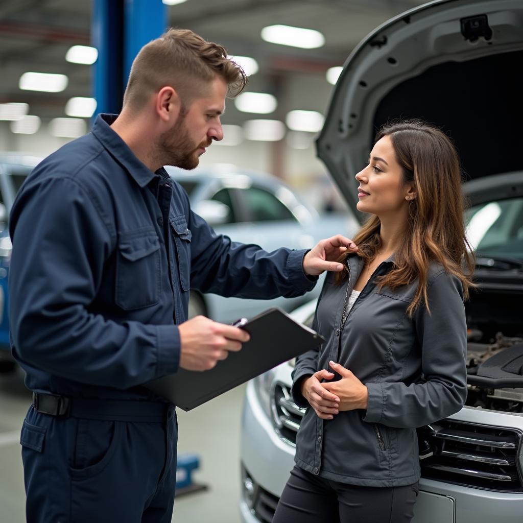 Mechanic Explaining Car Repair to a Customer