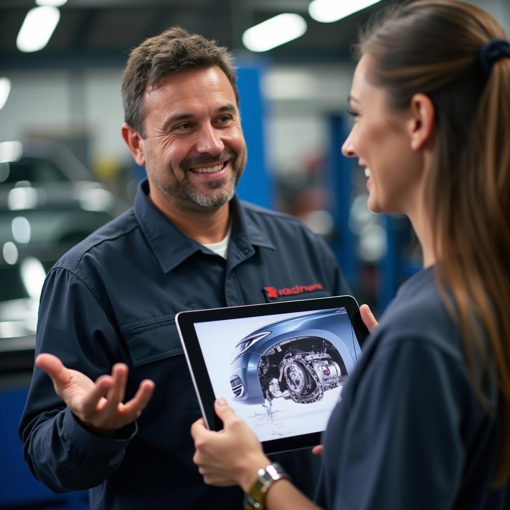 Mechanic Explaining Repair Using Tablet