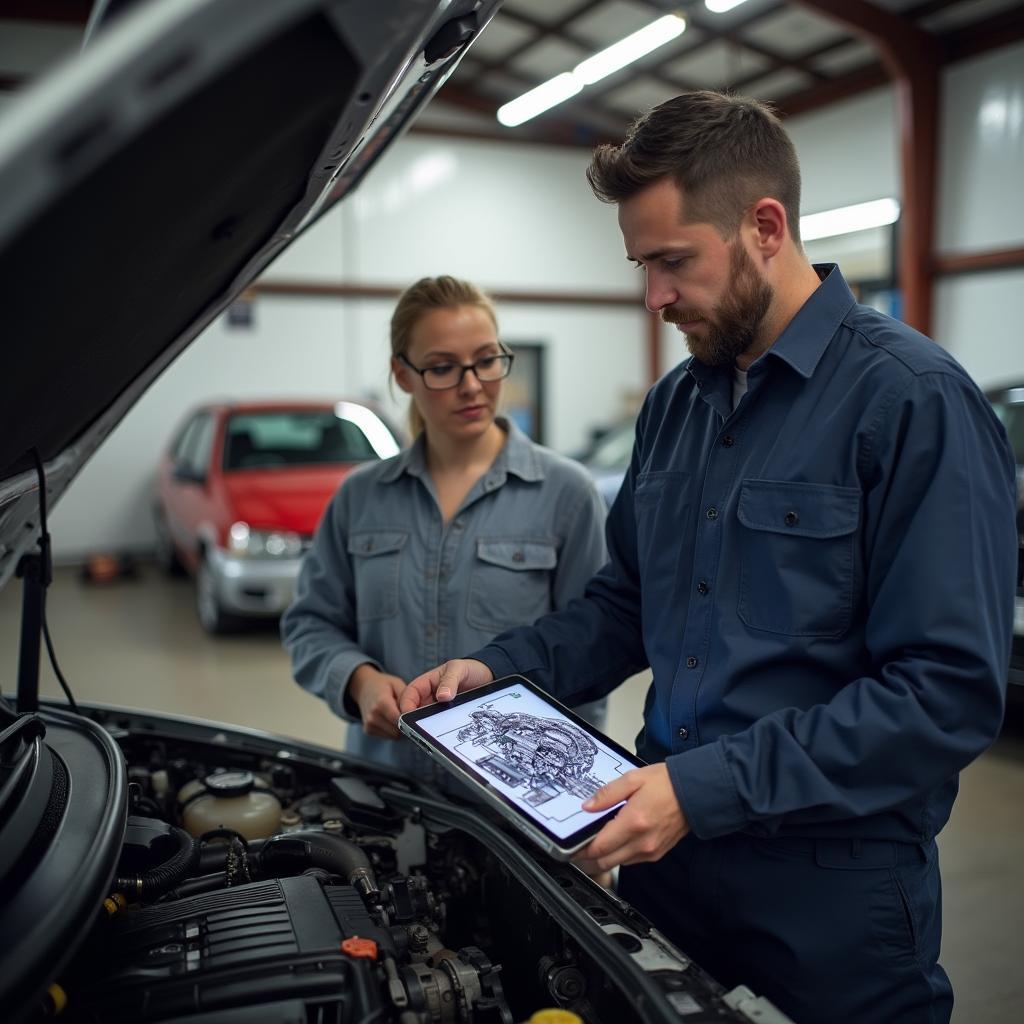 Mechanic explaining car repairs to a customer in 58102