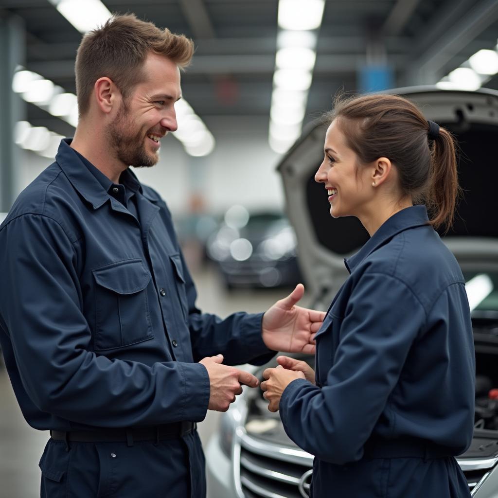 Mechanic explaining car repairs to a customer