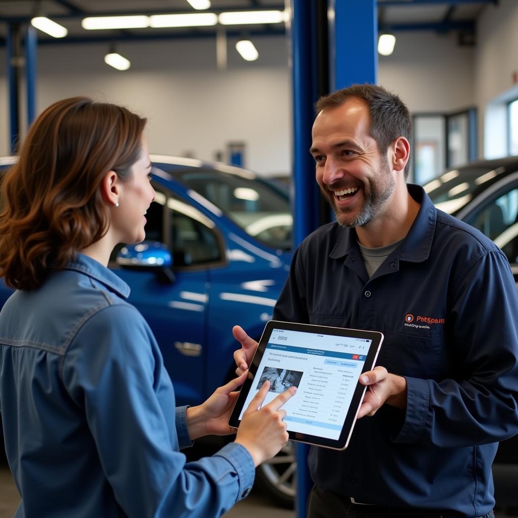 Mechanic explaining car repairs to a customer