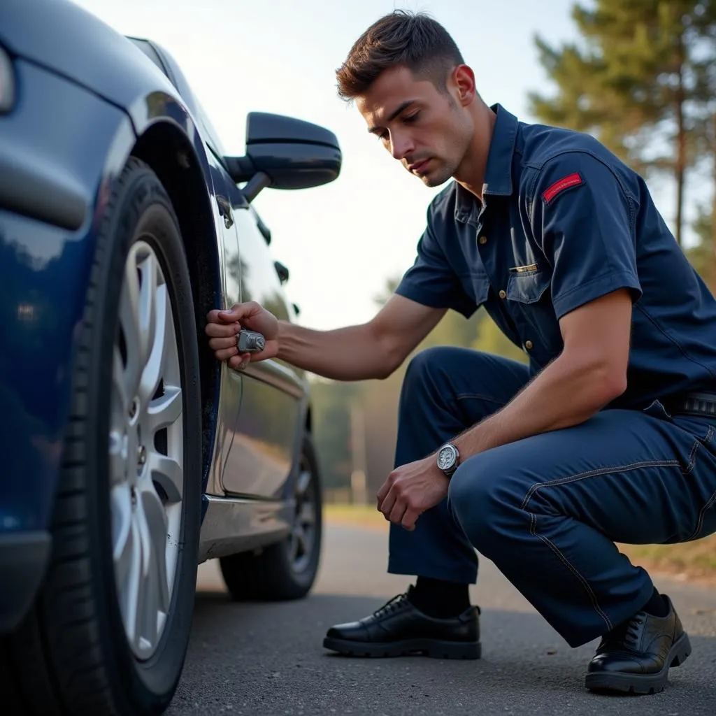 Mechanic Fixing Car on Road