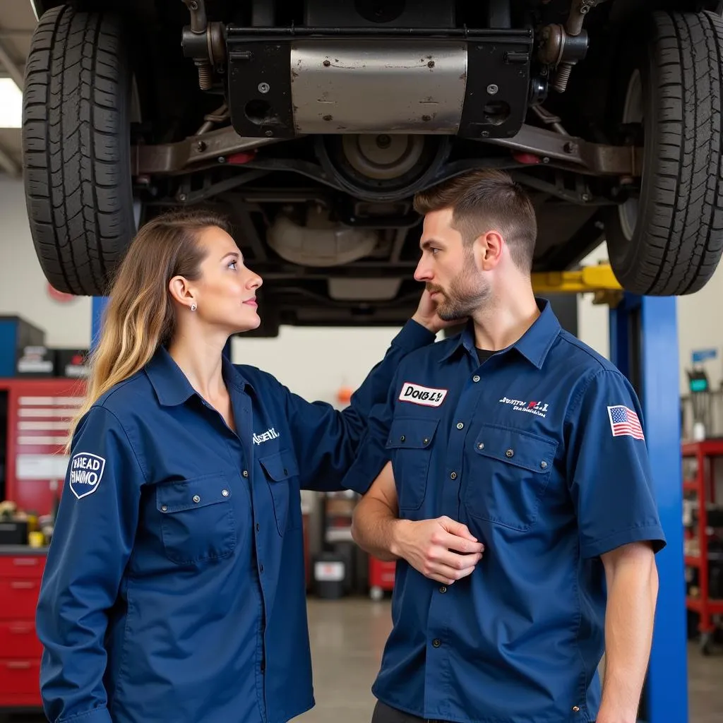 Mechanic Guiding Customer Under Car