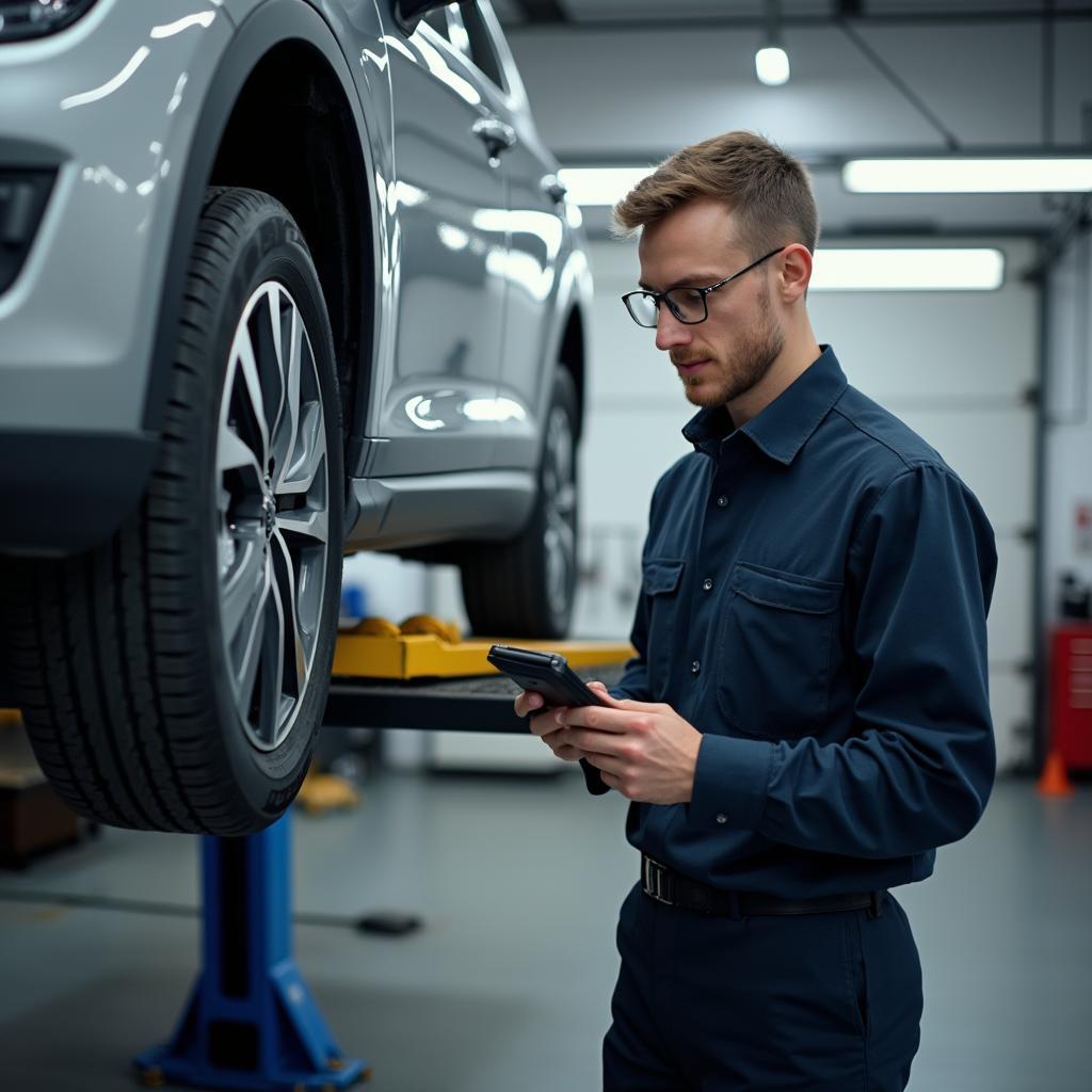 Mechanic Inspecting a Car in a Modern Service Center