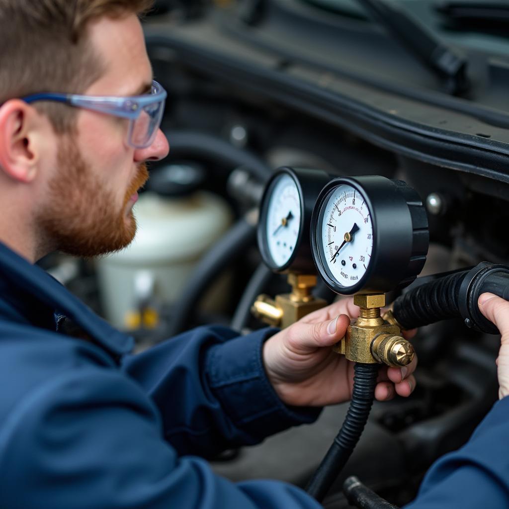 Mechanic Inspecting Car AC System