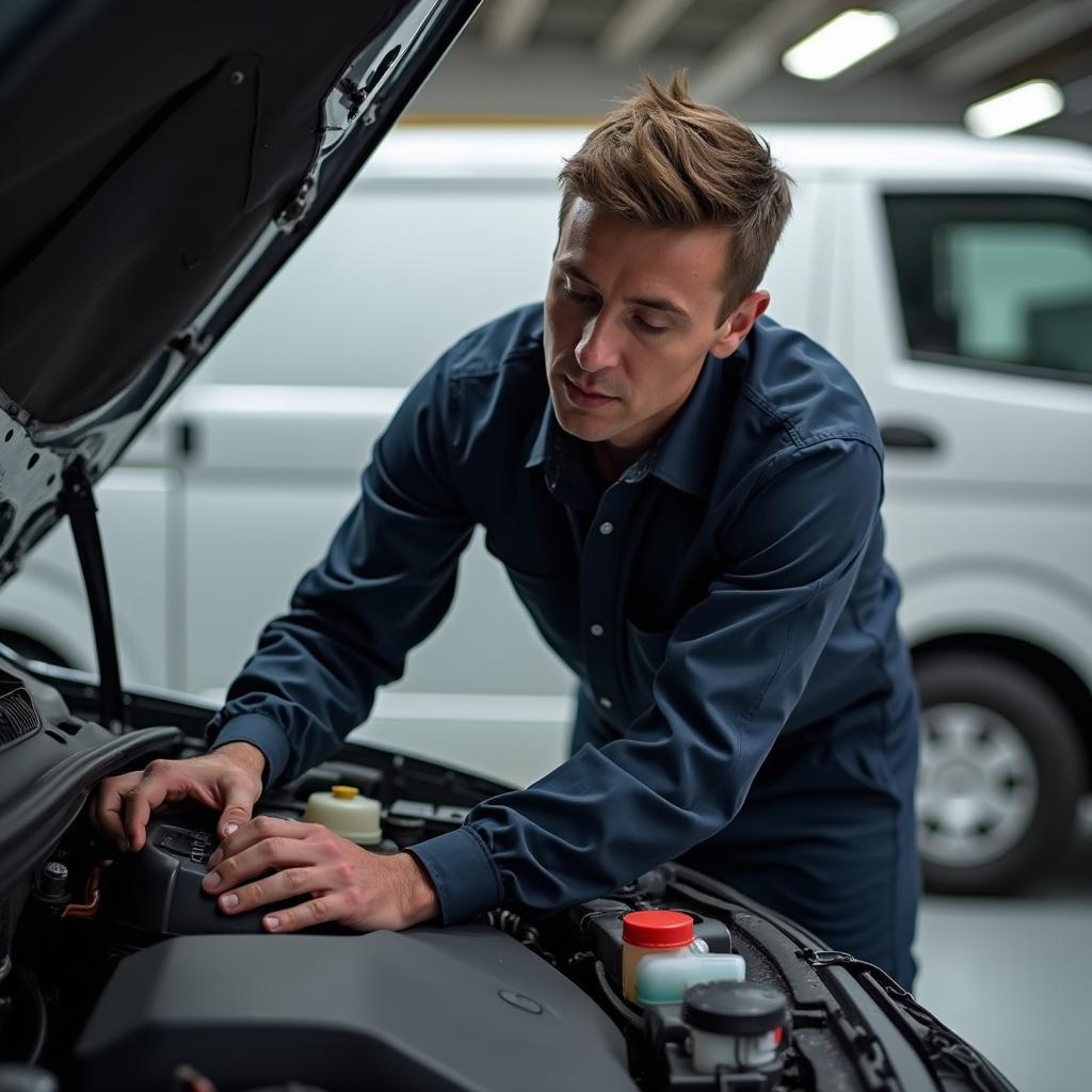 Mechanic Inspecting an Arrow Auto Service Van