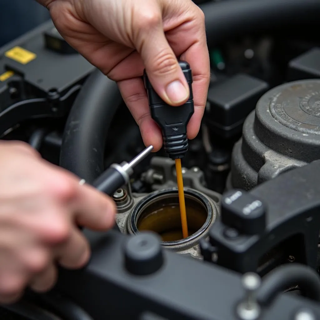 Mechanic Inspecting BMW Transmission Fluid