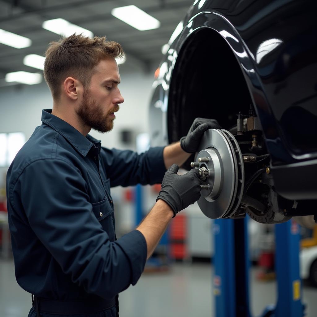 Mechanic inspecting car brakes in a garage.