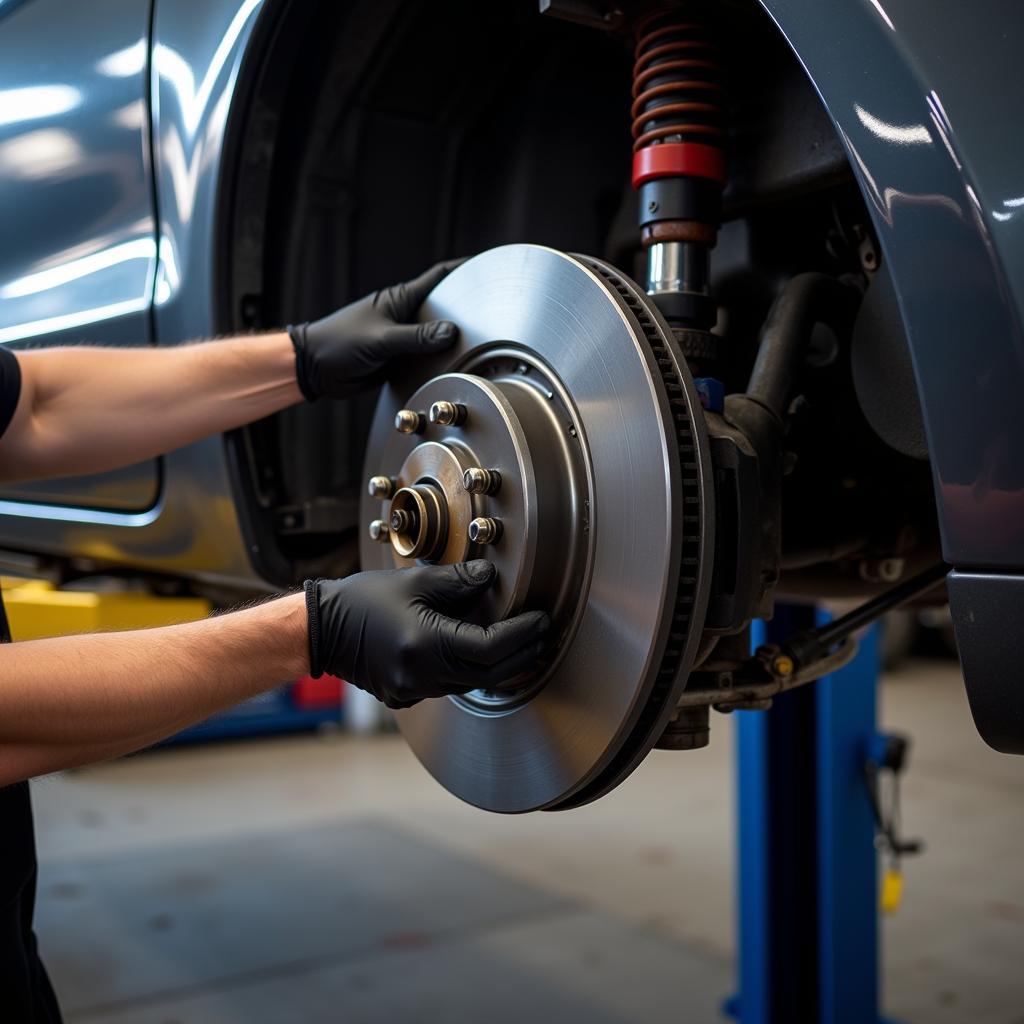 Car mechanic inspecting brake pads and rotors