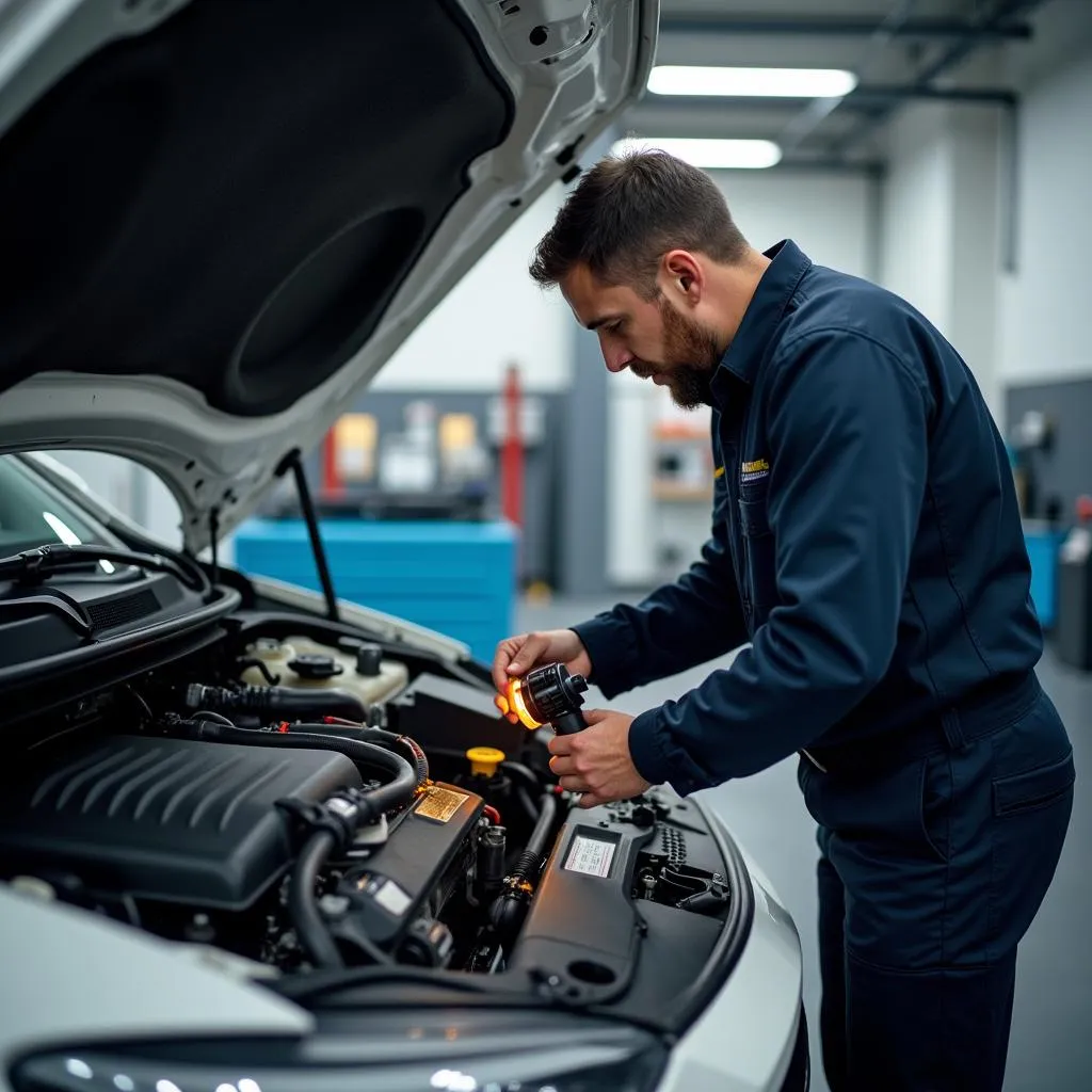 Mechanic inspecting a car in a garage