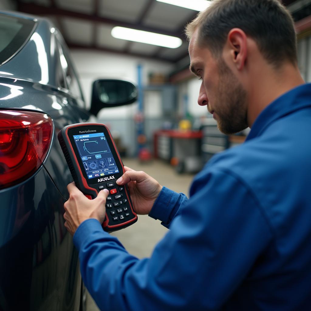 Mechanic Inspecting Car with Diagnostic Tool