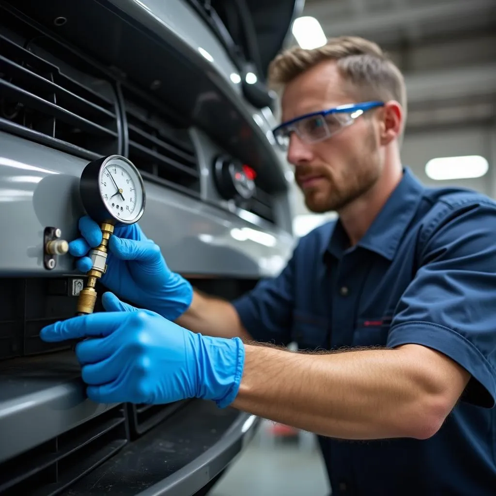 Mechanic Inspecting Car A/C System