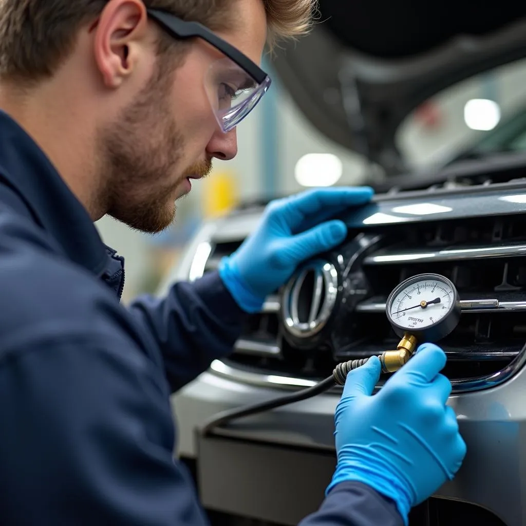 Mechanic inspecting a car AC system