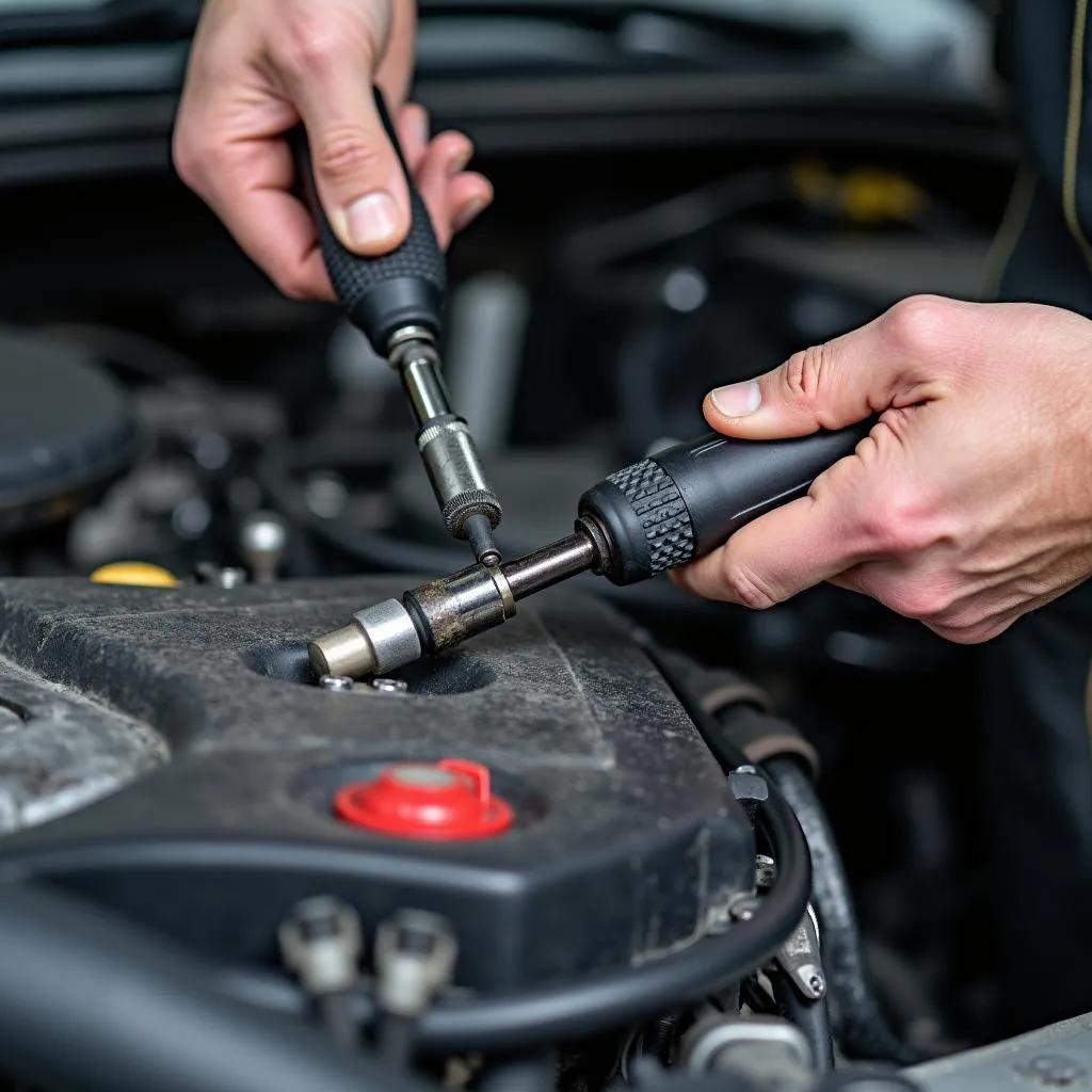 Mechanic inspecting car AC system