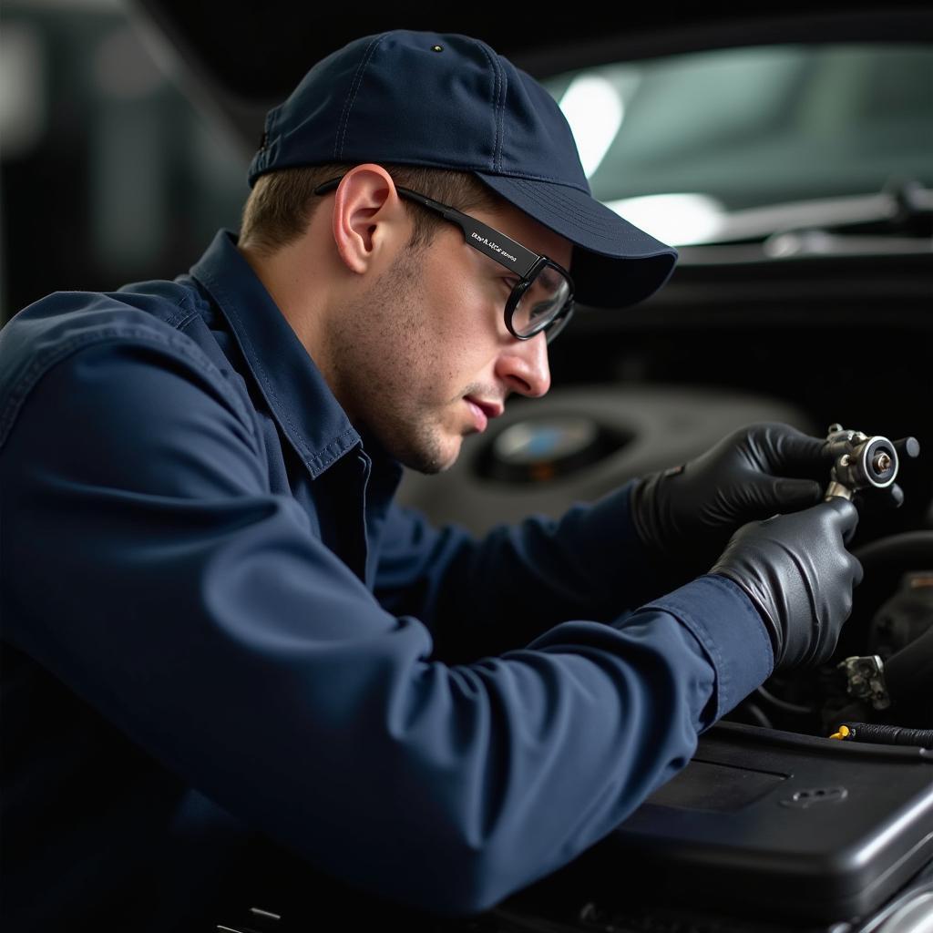 Mechanic Inspecting Car AC System