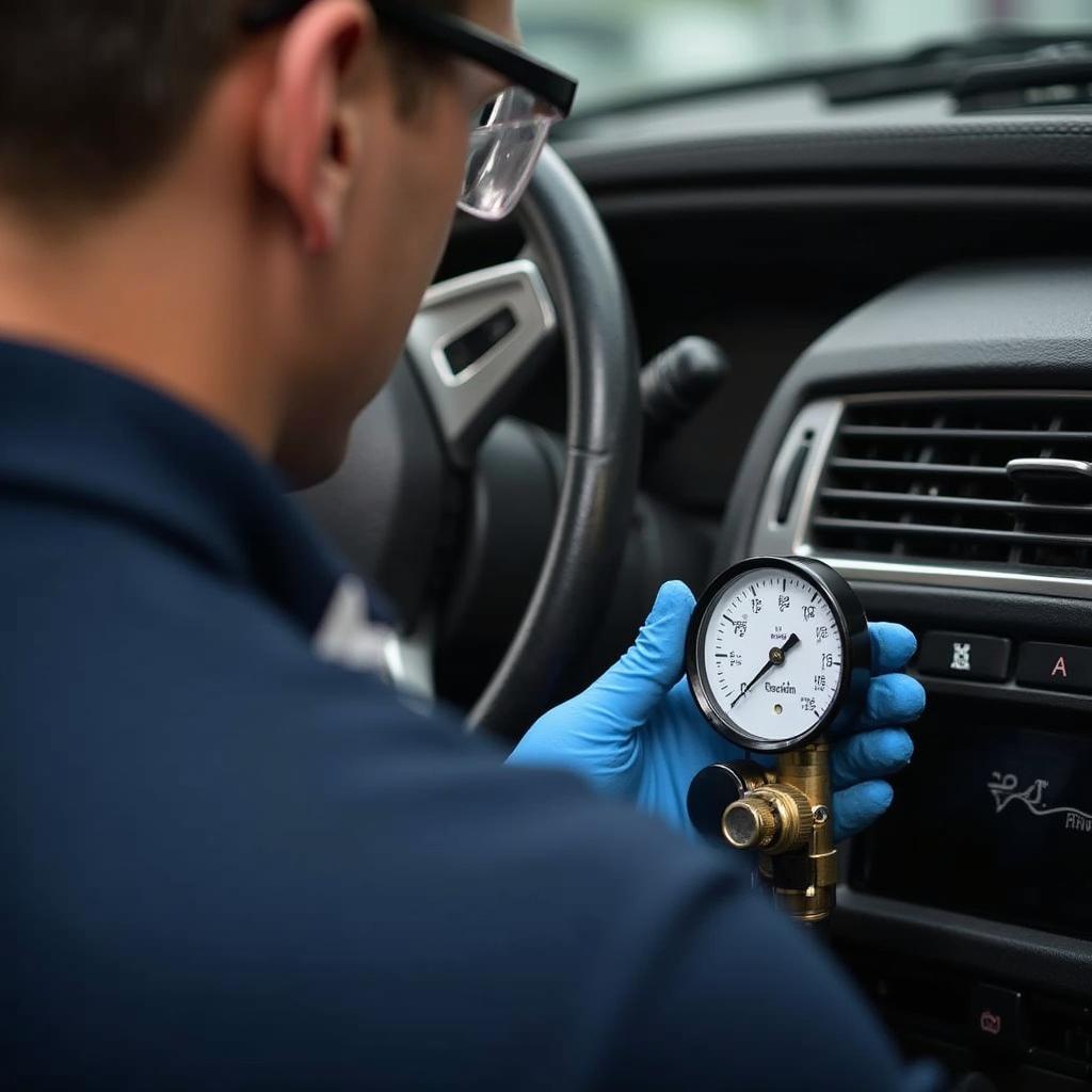 Mechanic inspecting car AC system