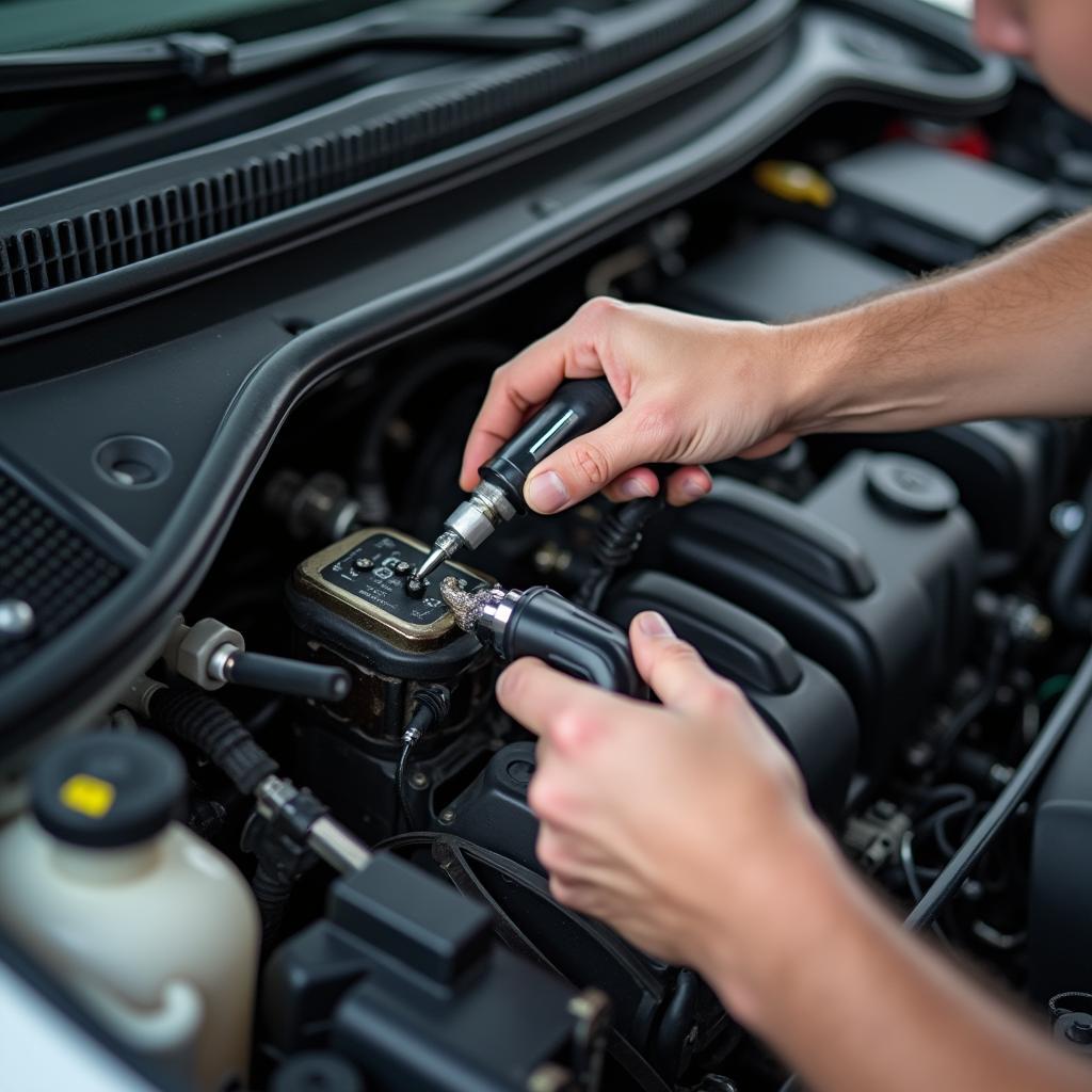 Mechanic Inspecting Car AC System