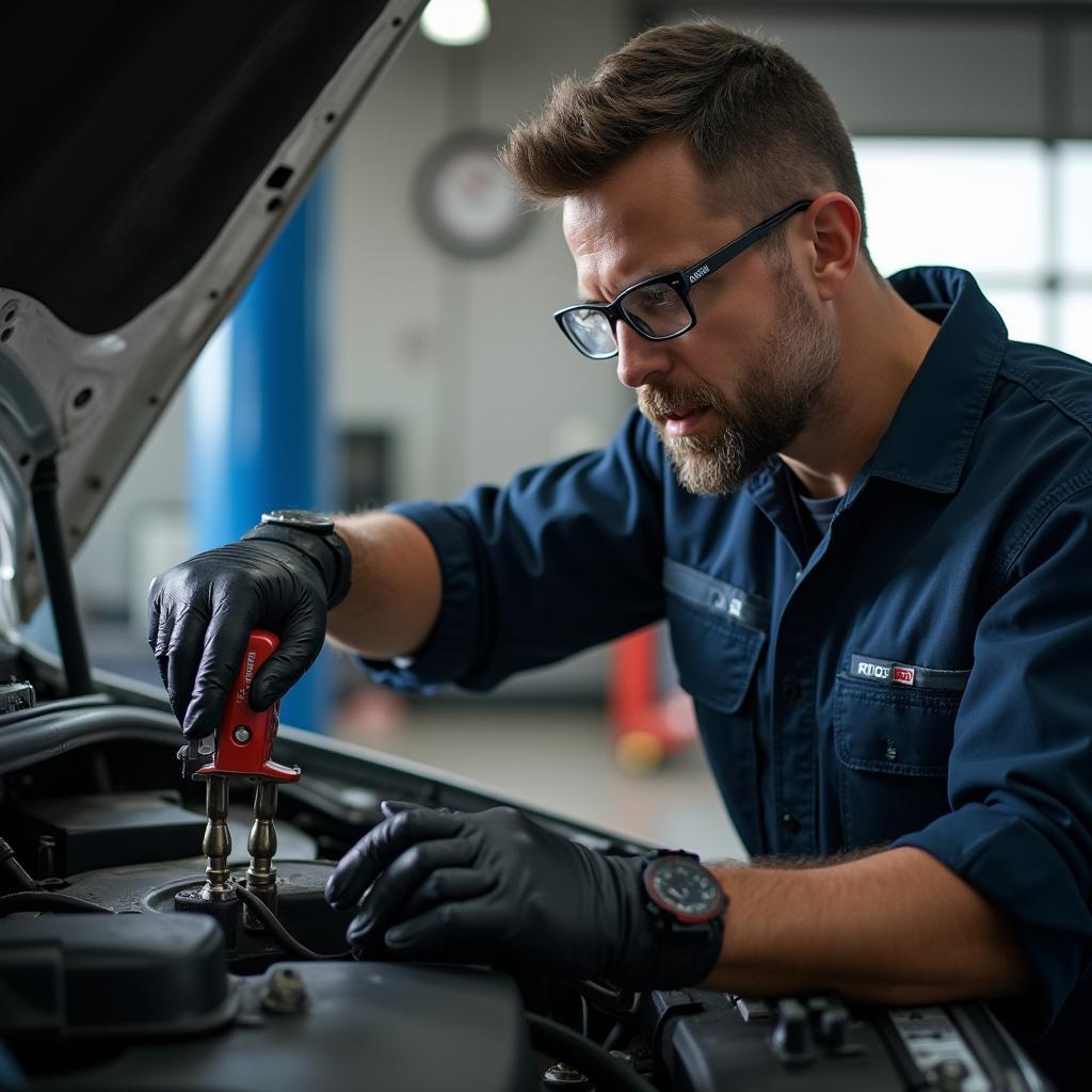 Mechanic Inspecting Car AC System