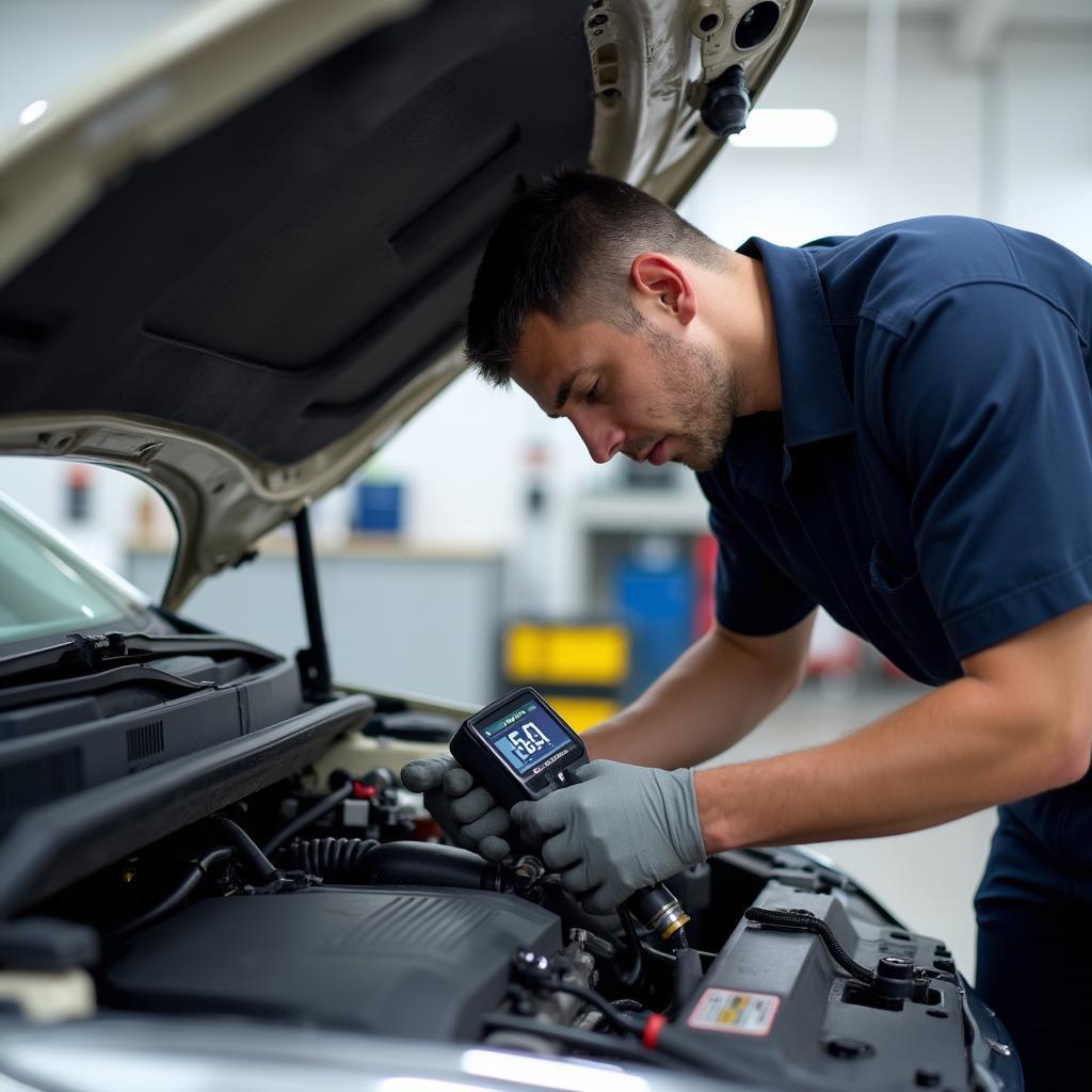 Mechanic inspecting car AC system