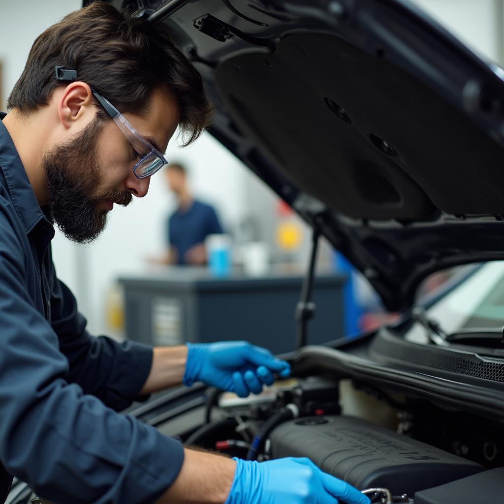 Mechanic Inspecting Car AC System