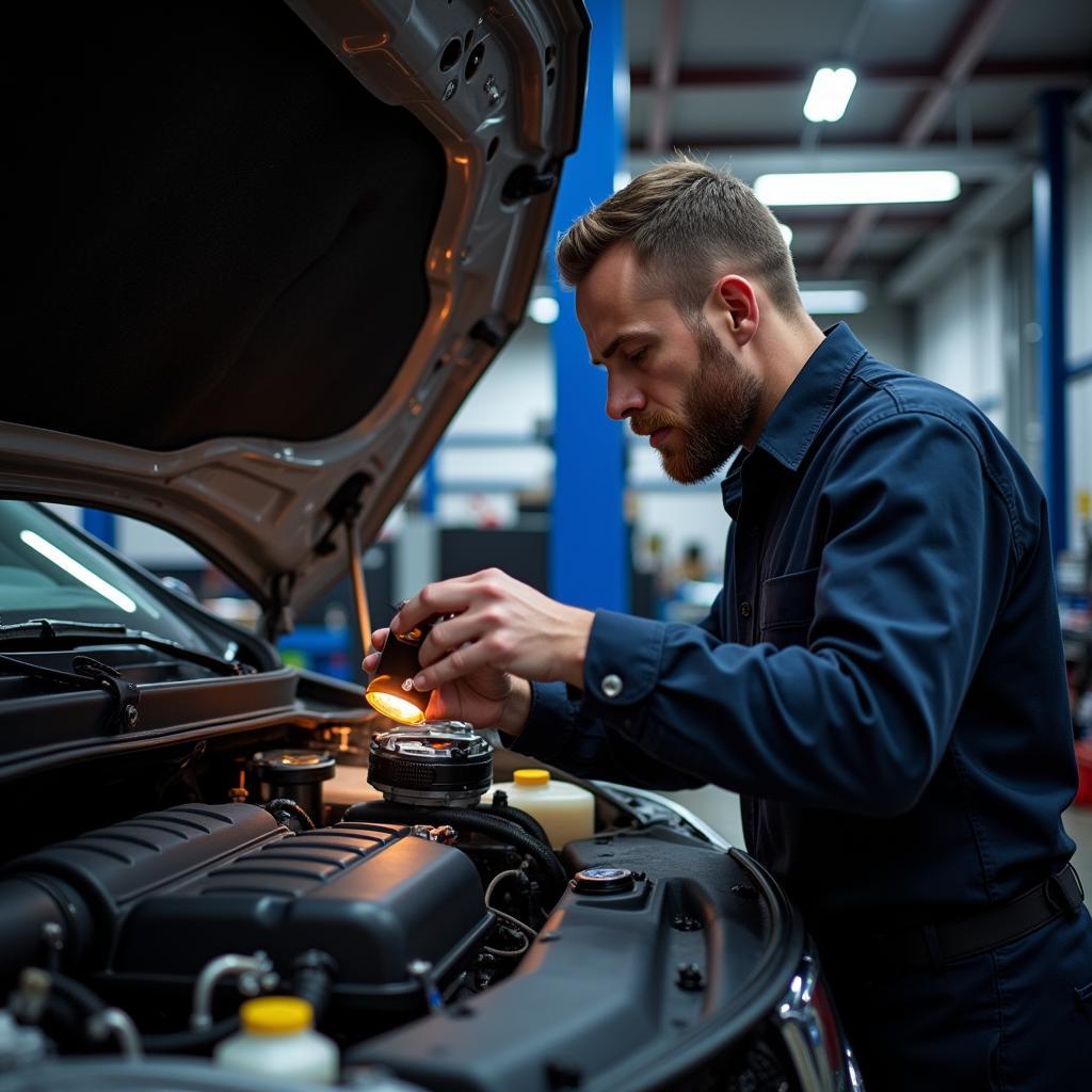 Mechanic Inspecting Car AC System