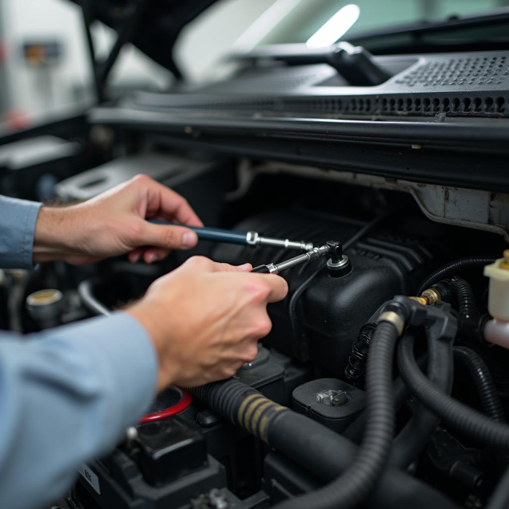 Mechanic inspecting a car AC system in Columbus, GA