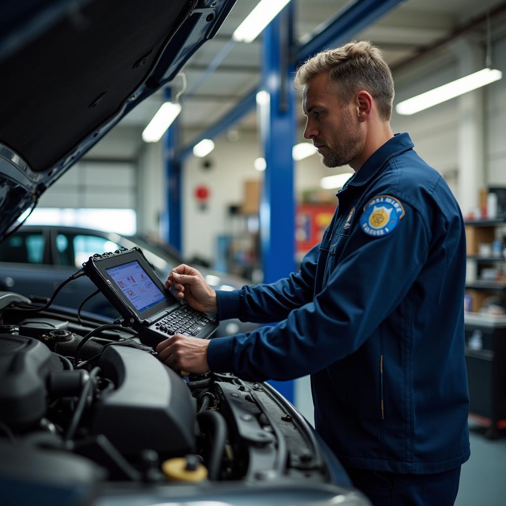 Mechanic Inspecting Car in Asheville Garage