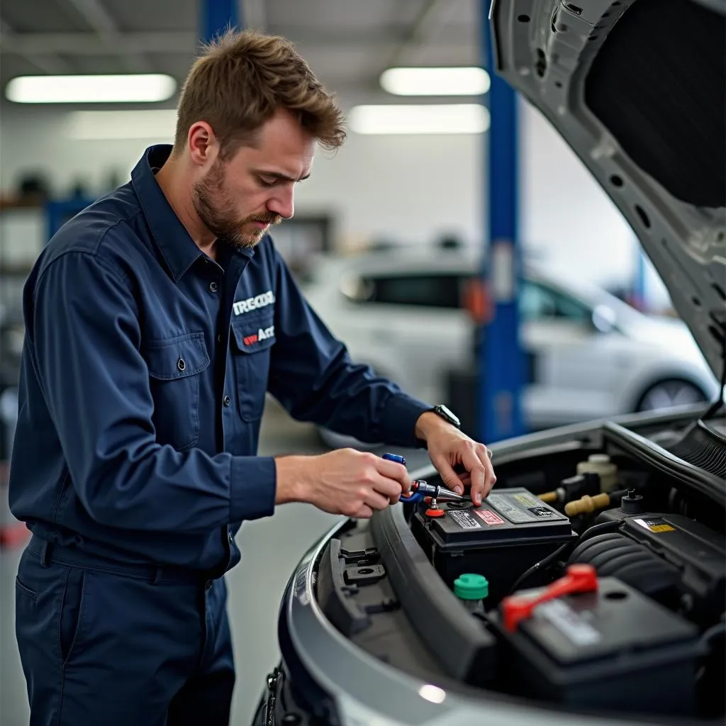 Mechanic Inspecting Car Battery