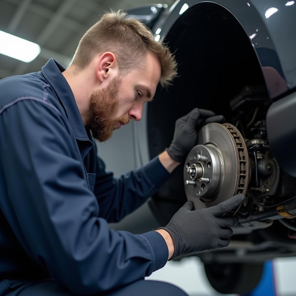 Mechanic inspecting a car's braking system