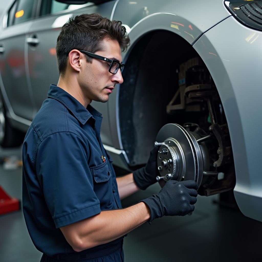 Mechanic inspecting car brakes in an auto pit