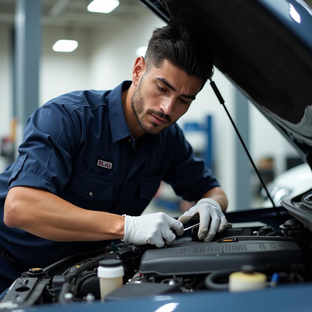 Mechanic inspecting a car at a Brisbane Road auto service center