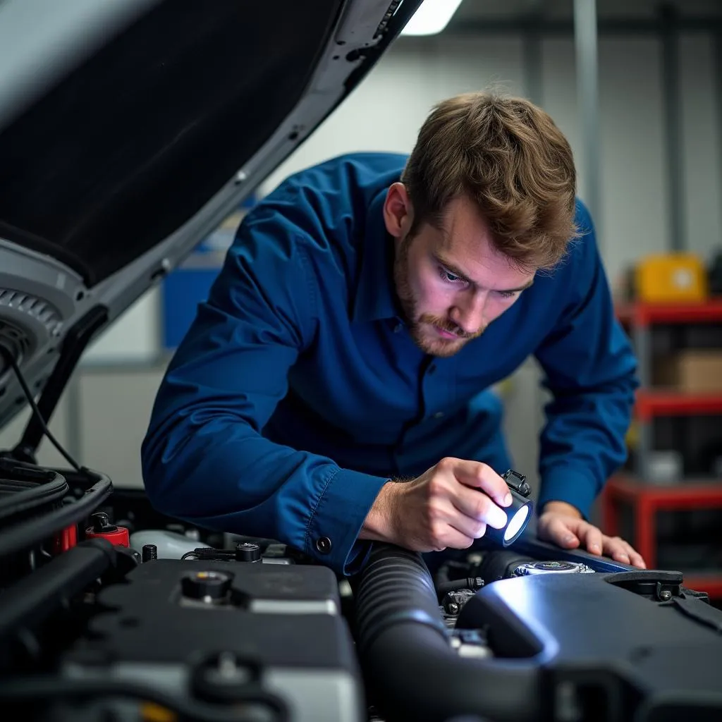 Mechanic inspecting car engine