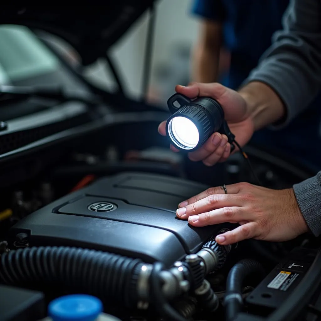 Mechanic inspecting car engine during 30k mile service