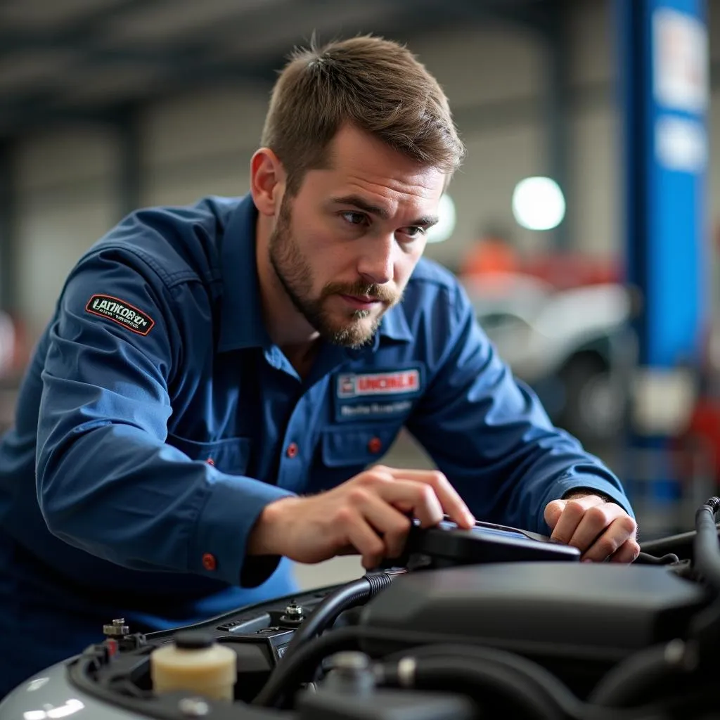 Experienced mechanic inspecting a car engine