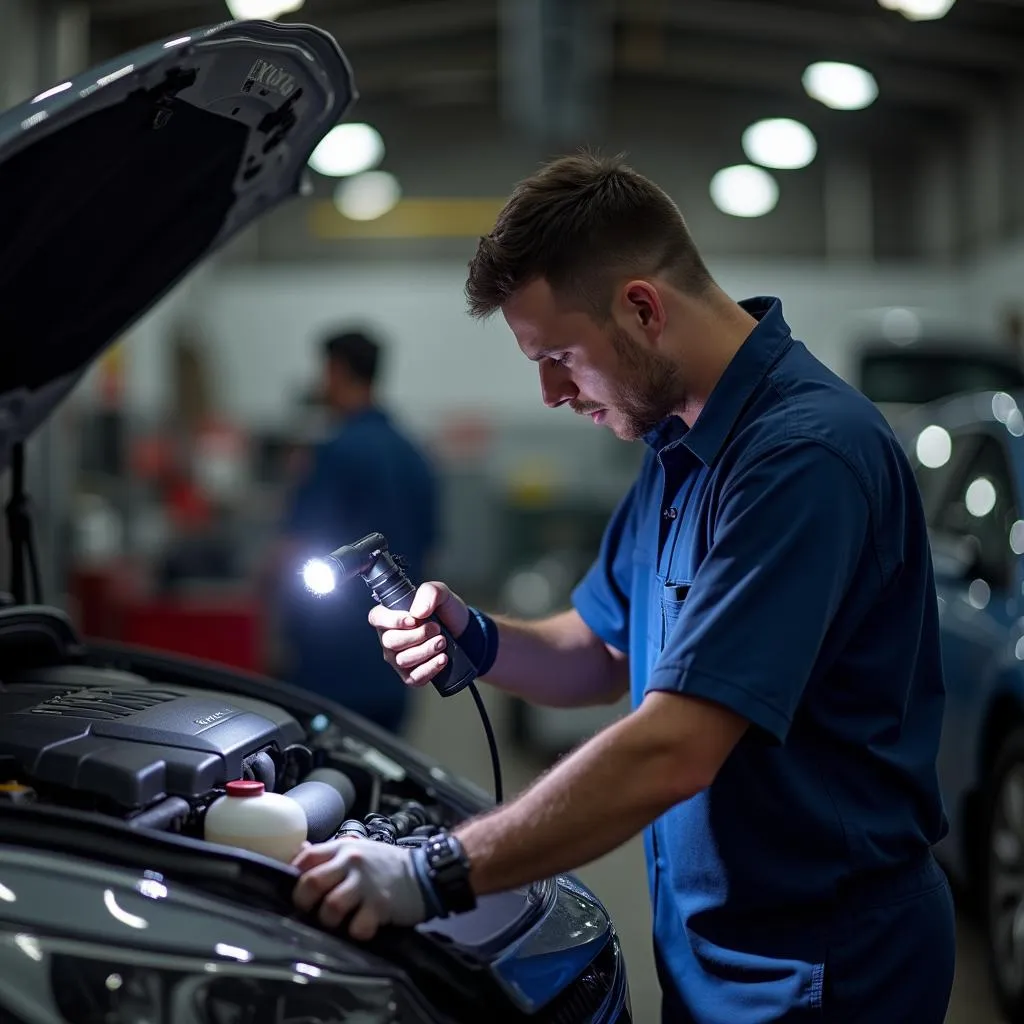 Mechanic inspecting car engine in a repair shop.