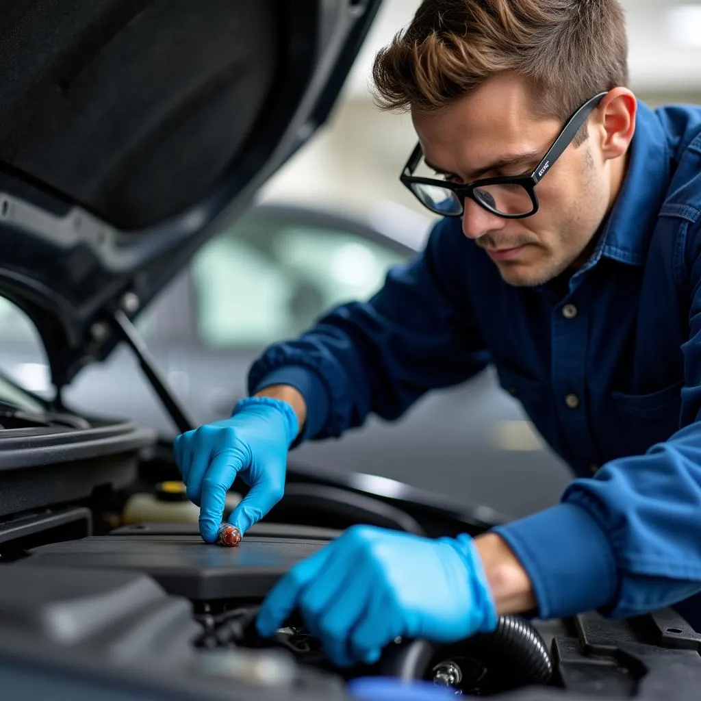 Mechanic inspecting car engine