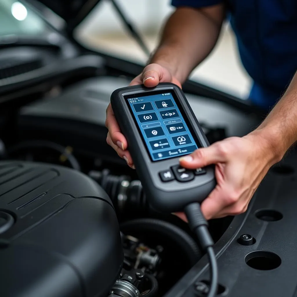 Mechanic using a diagnostic tool on a car engine