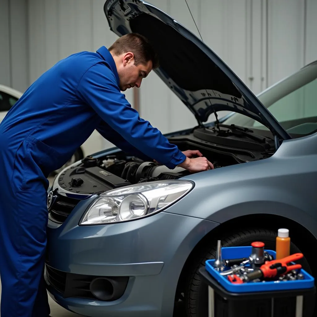 Mechanic Inspecting a Car Engine