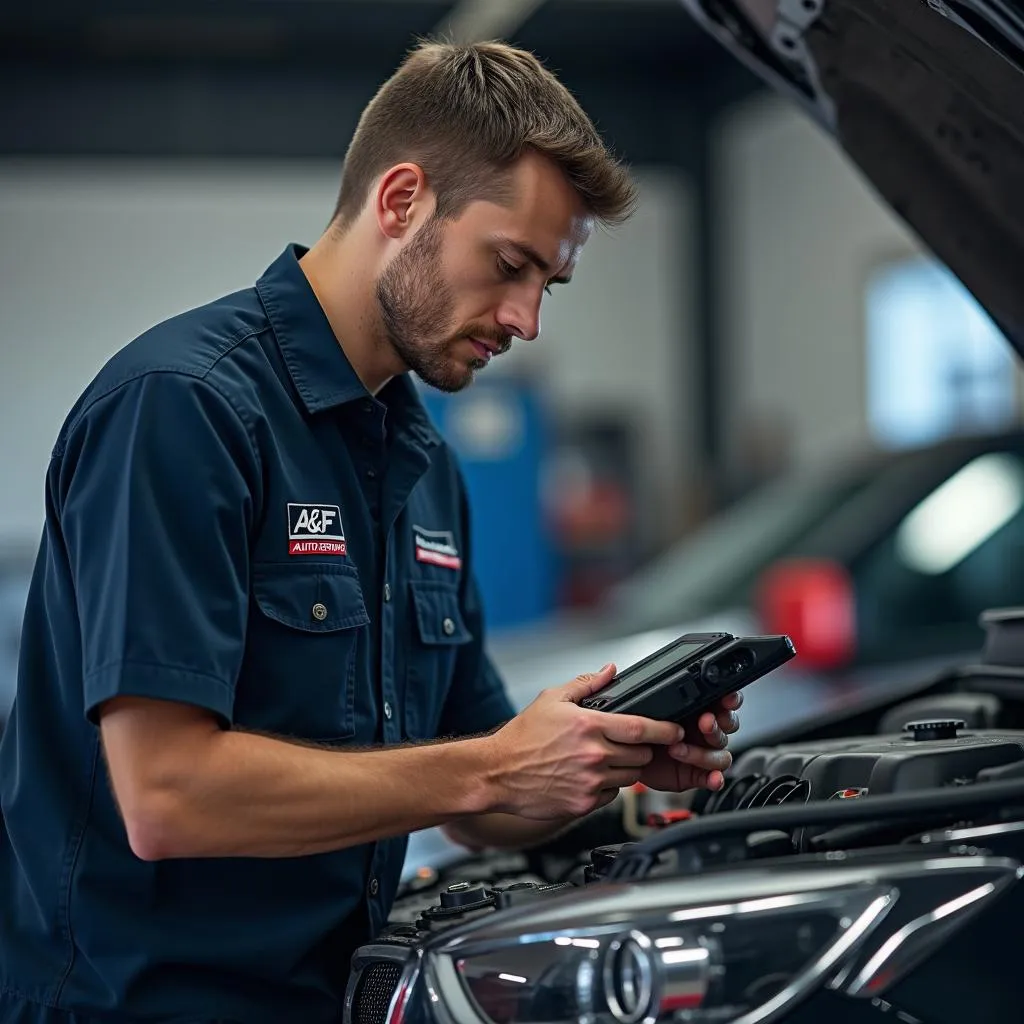 Mechanic inspecting a car engine