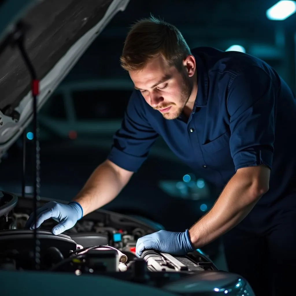 Mechanic Inspecting Car Engine