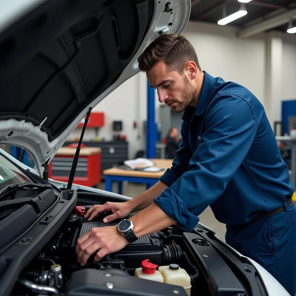 Mechanic Inspecting Car Engine