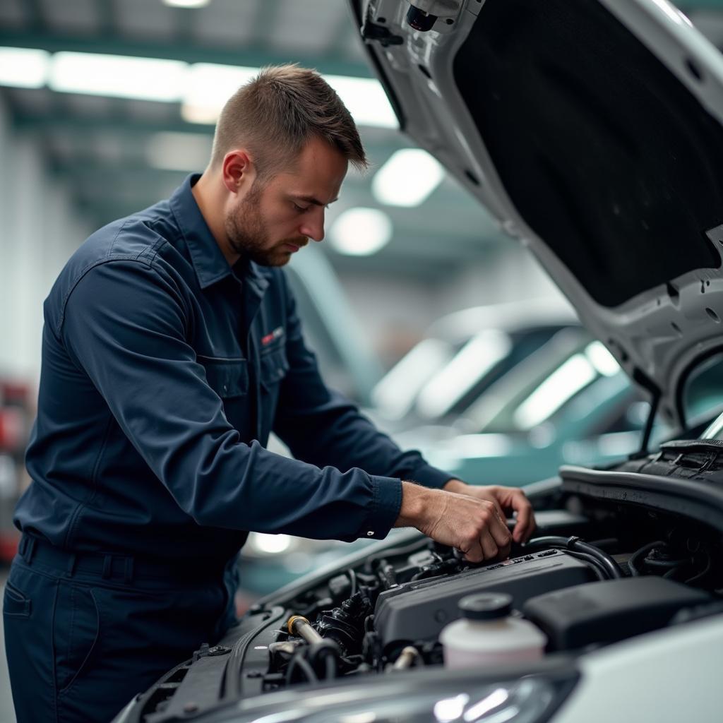 Mechanic Thoroughly Inspecting Car Engine