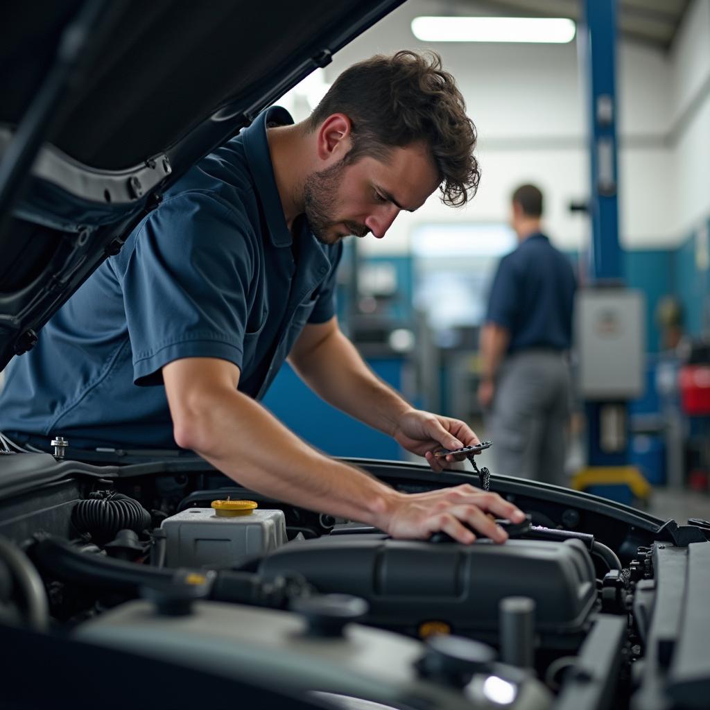 Experienced mechanic inspecting a car engine in a professional workshop.