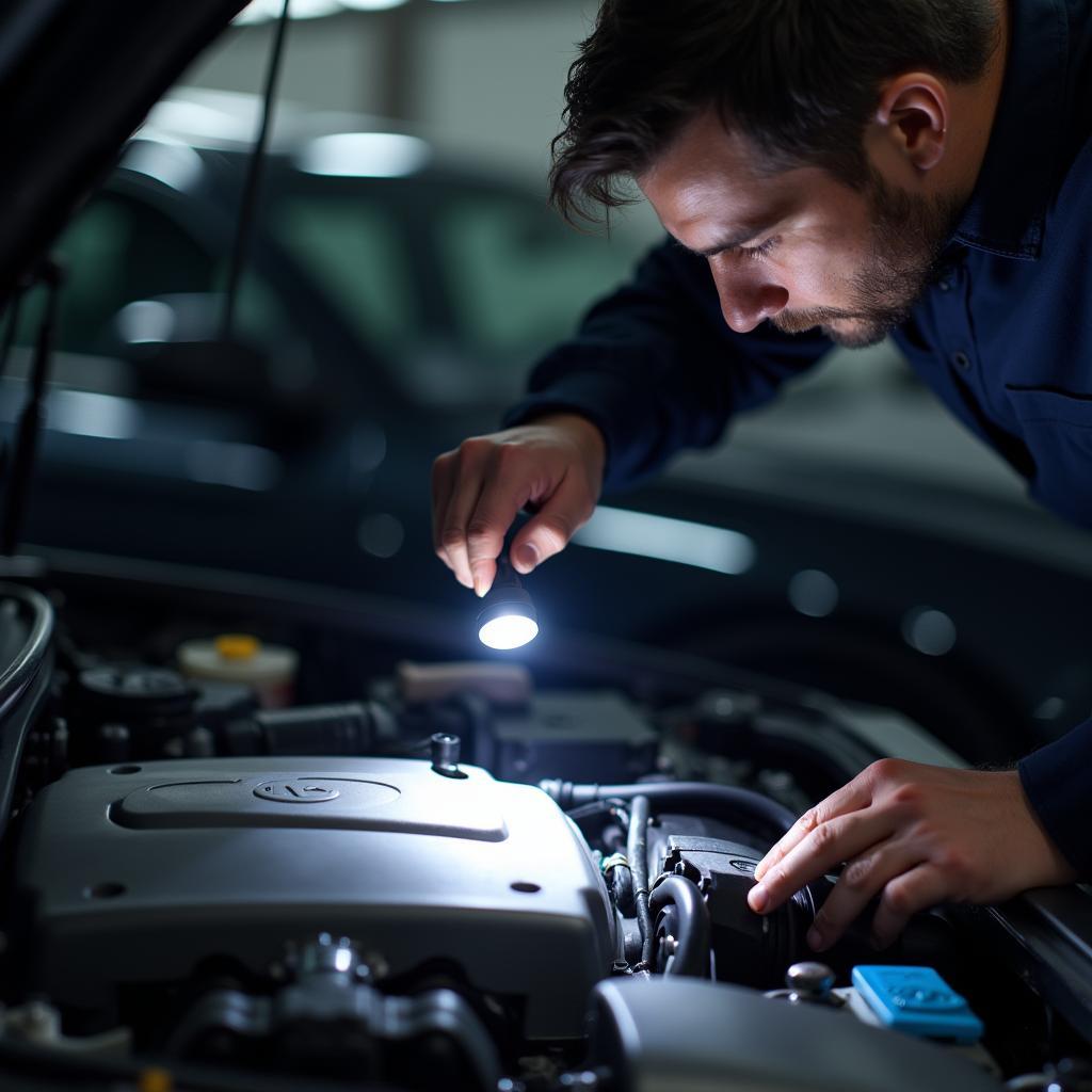 Experienced mechanic inspecting a car engine