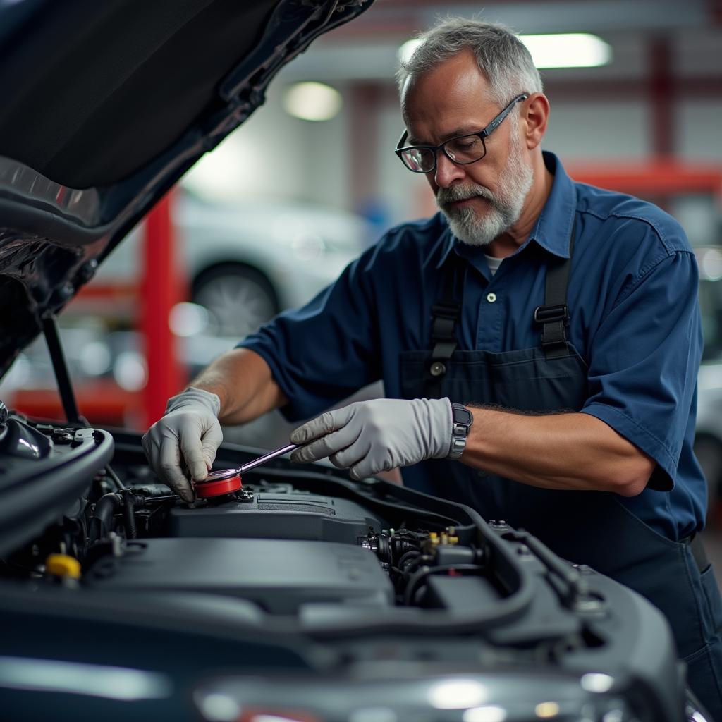 Mechanic inspecting a car engine with diagnostic tools