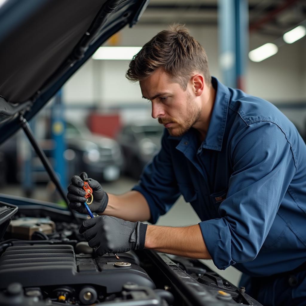 Mechanic inspecting a car engine in a Hudson Valley auto shop