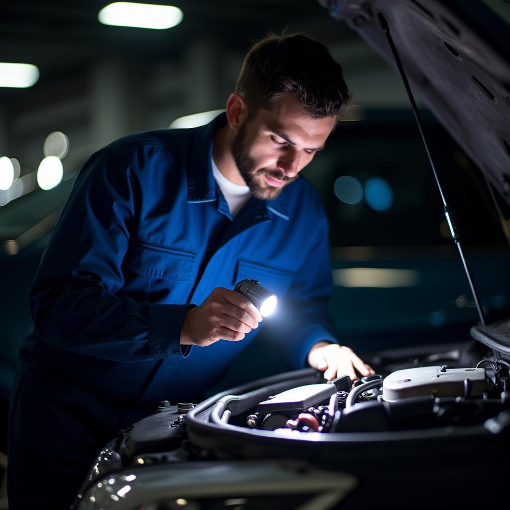 Mechanic Performing Roadside Engine Inspection