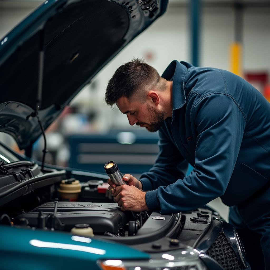 Mechanic performing an engine inspection under the hood of a car