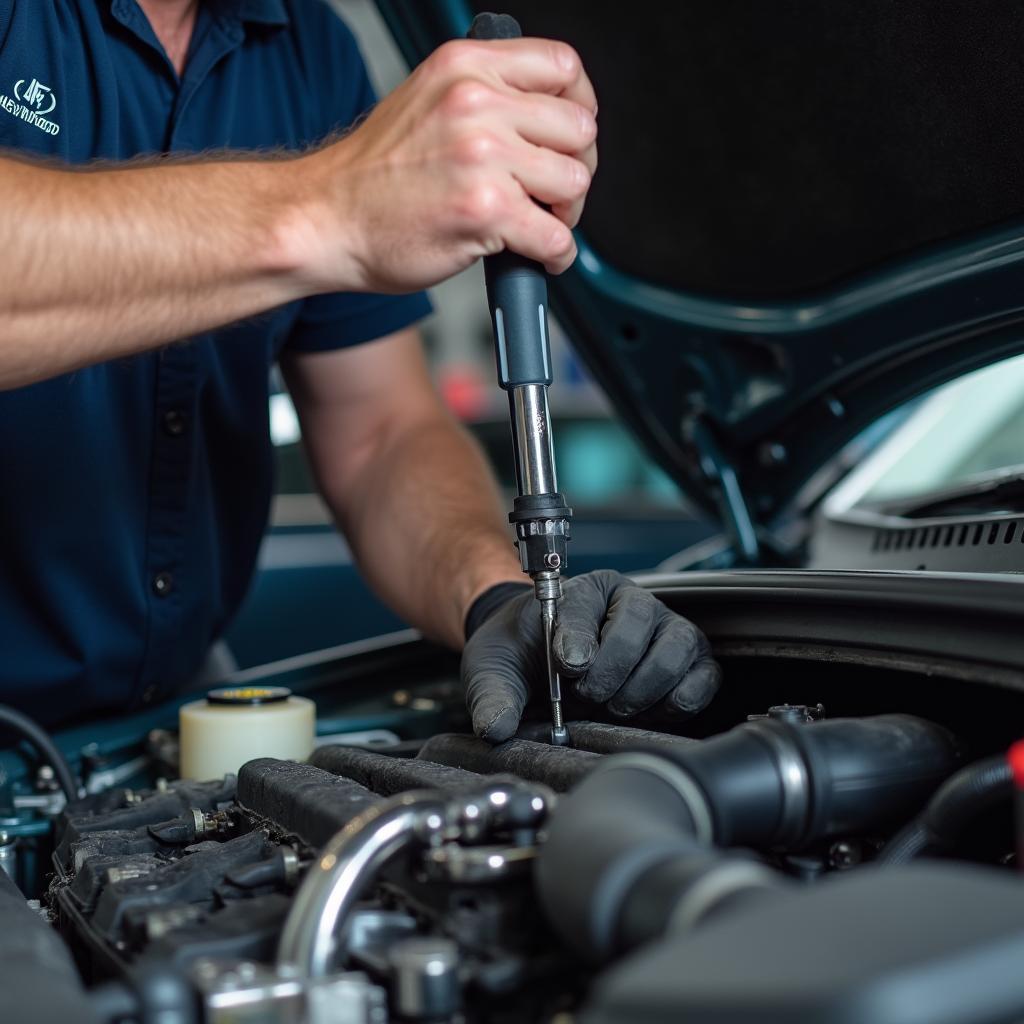 Mechanic inspecting a car engine in Herndon