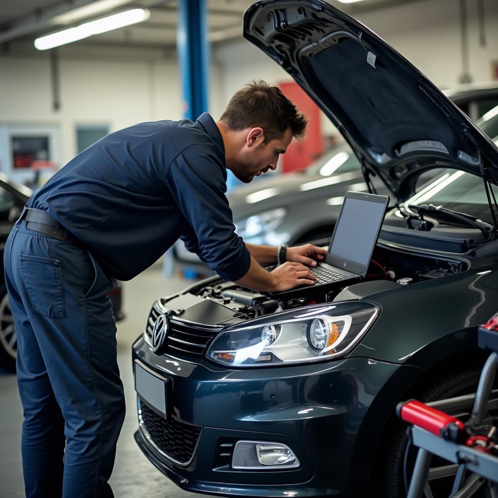 Mechanic Inspecting a Car Engine on a Laptop